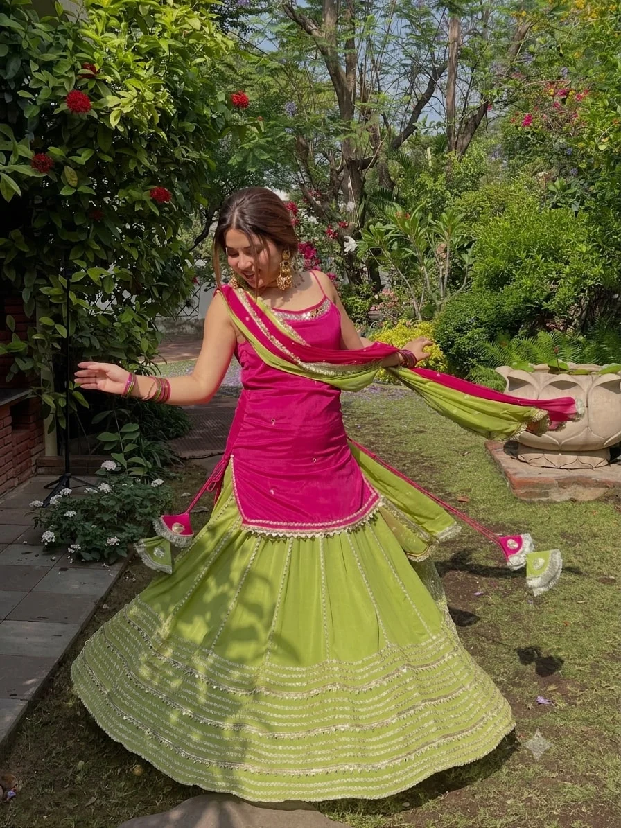 Rani Pink & Orange Chinon Silk Lehenga Choli — photo 8 of 8