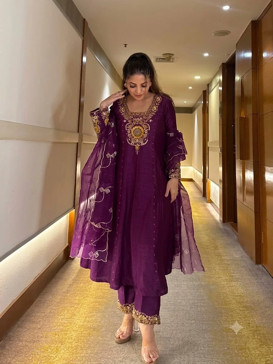 Vichitra Silk Anarkali Suit for Women in Purple — photo 2 of 5