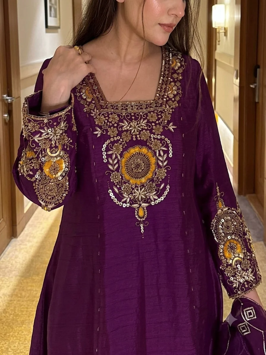 Vichitra Silk Anarkali Suit for Women in Purple — photo 3 of 5