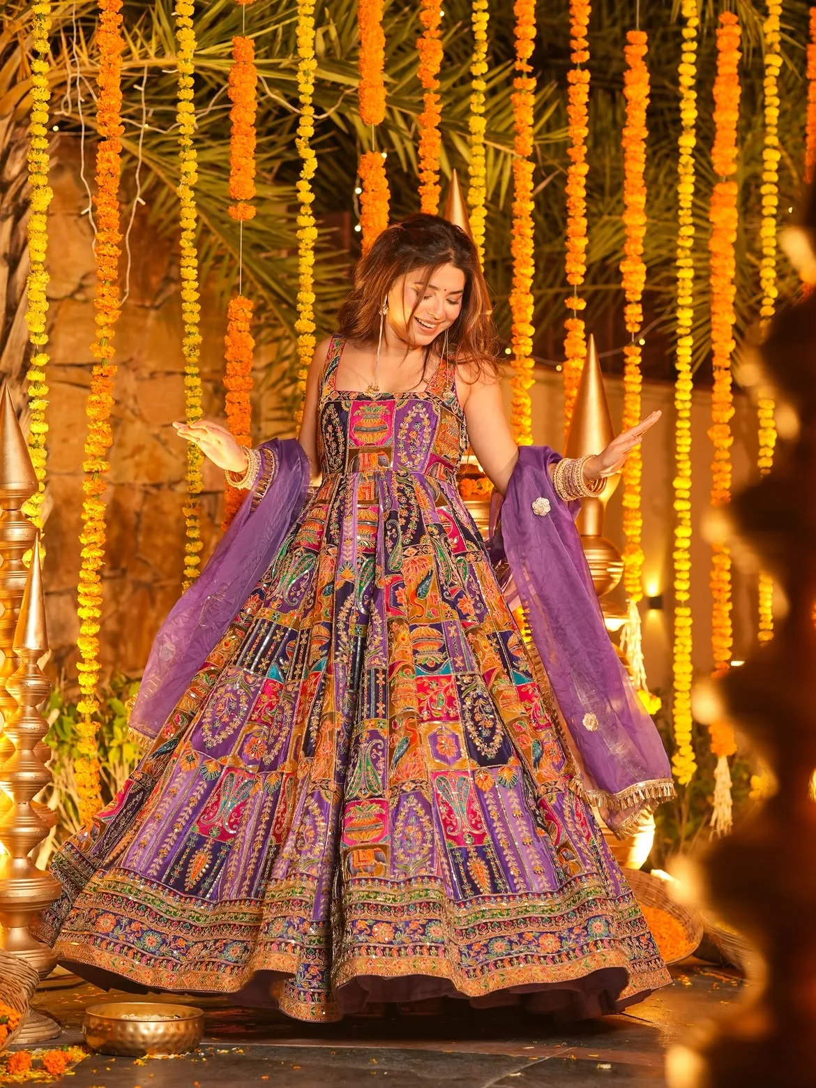 Pure Original Crepe Heavy Position Embroidered Sleeveless Maxi Gown Suit Set with Micro Cotton Pants and Digital Printed Organza Dupatta in Multicolour — photo 3 of 7