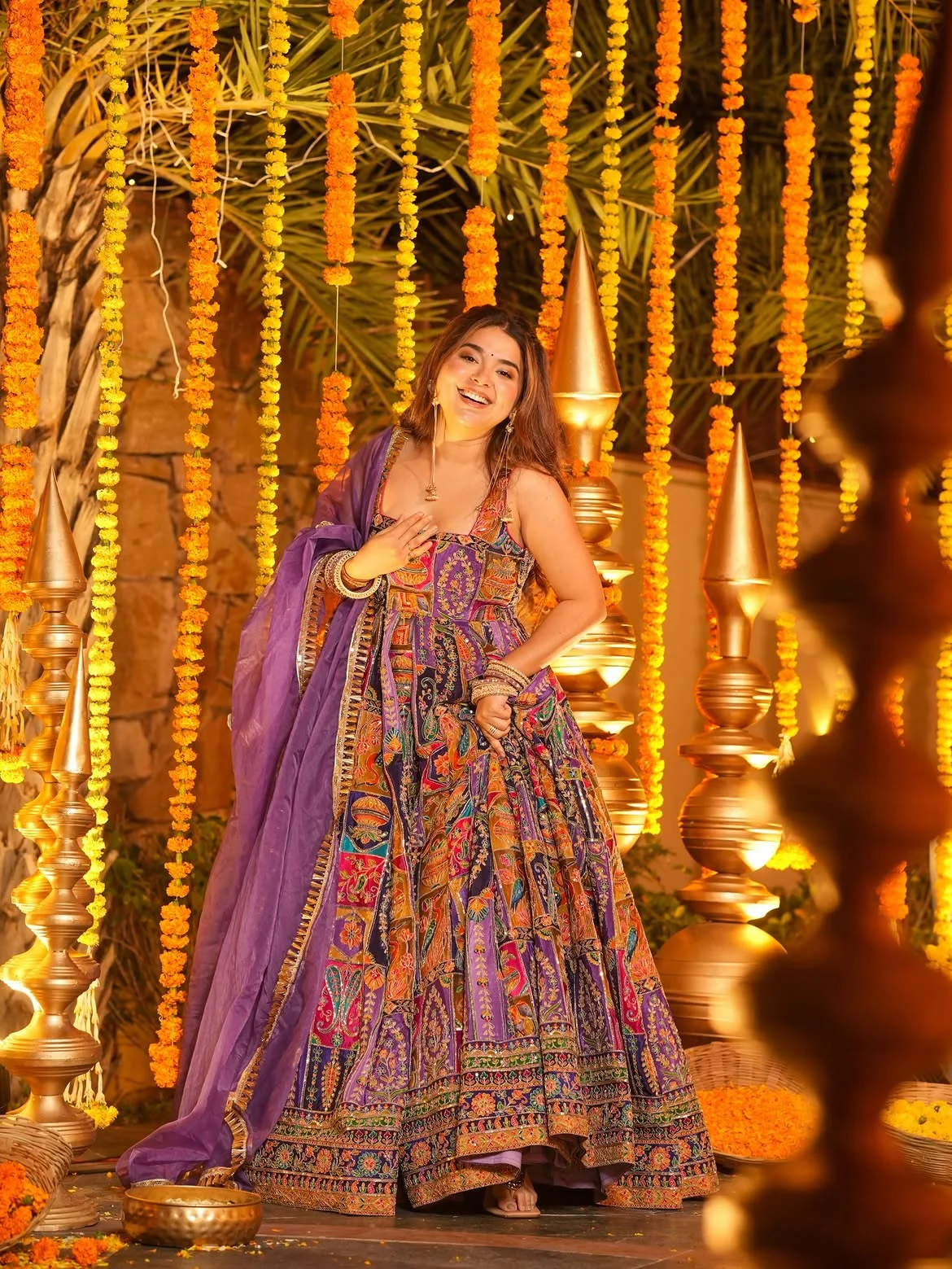 Pure Original Crepe Heavy Position Embroidered Sleeveless Maxi Gown Suit Set with Micro Cotton Pants and Digital Printed Organza Dupatta in Multicolour — photo 6 of 7
