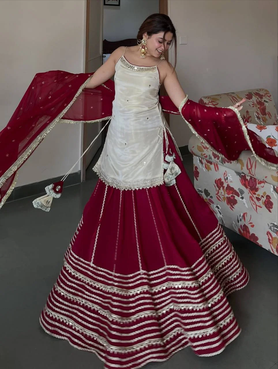 Premium Crop Top Lengha Set for Women in Off White — photo 3 of 9