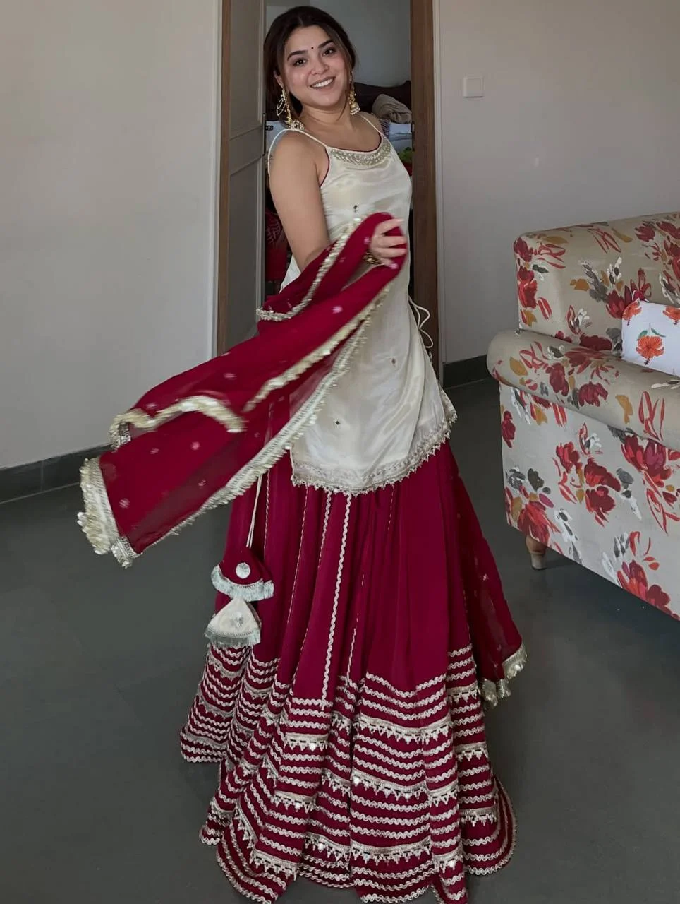 Premium Crop Top Lengha Set for Women in Off White — photo 4 of 9
