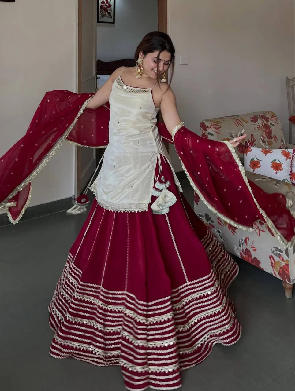 Premium Crop Top Lengha Set for Women in Off White — photo 5 of 9