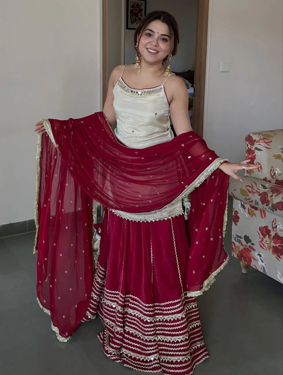 Premium Crop Top Lengha Set for Women in Off White — photo 6 of 9