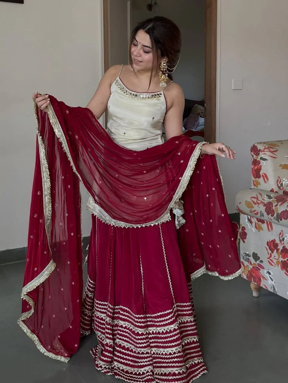 Premium Crop Top Lengha Set for Women in Off White — photo 9 of 9