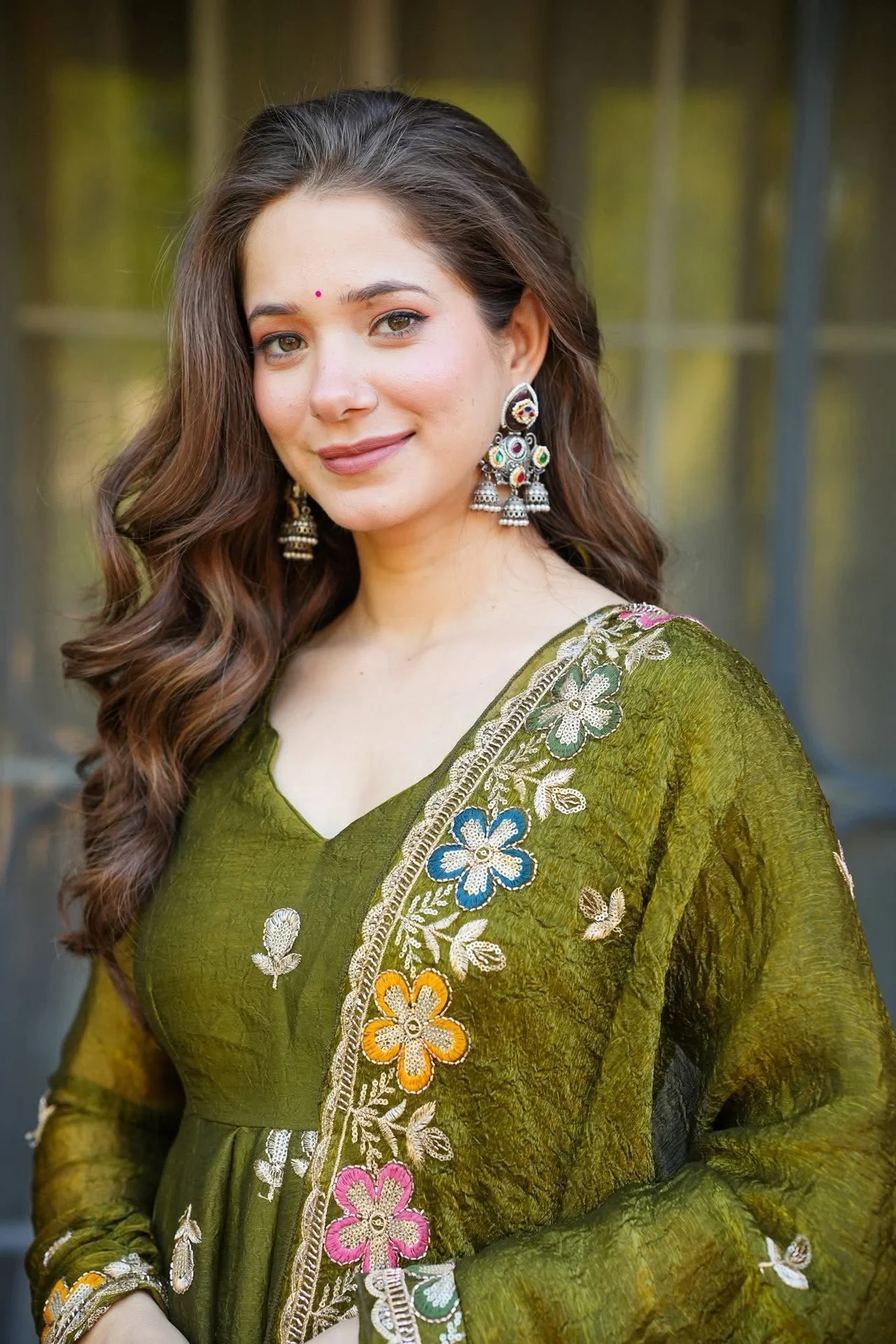Premium Soft Crunchy Silk Multi-Embroidery & Sequins Work Full Sleeve Anarkali Gown Suit Set with Cotton Lining, Matching Sharara & Dupatta in Olive Green — photo 2 of 7