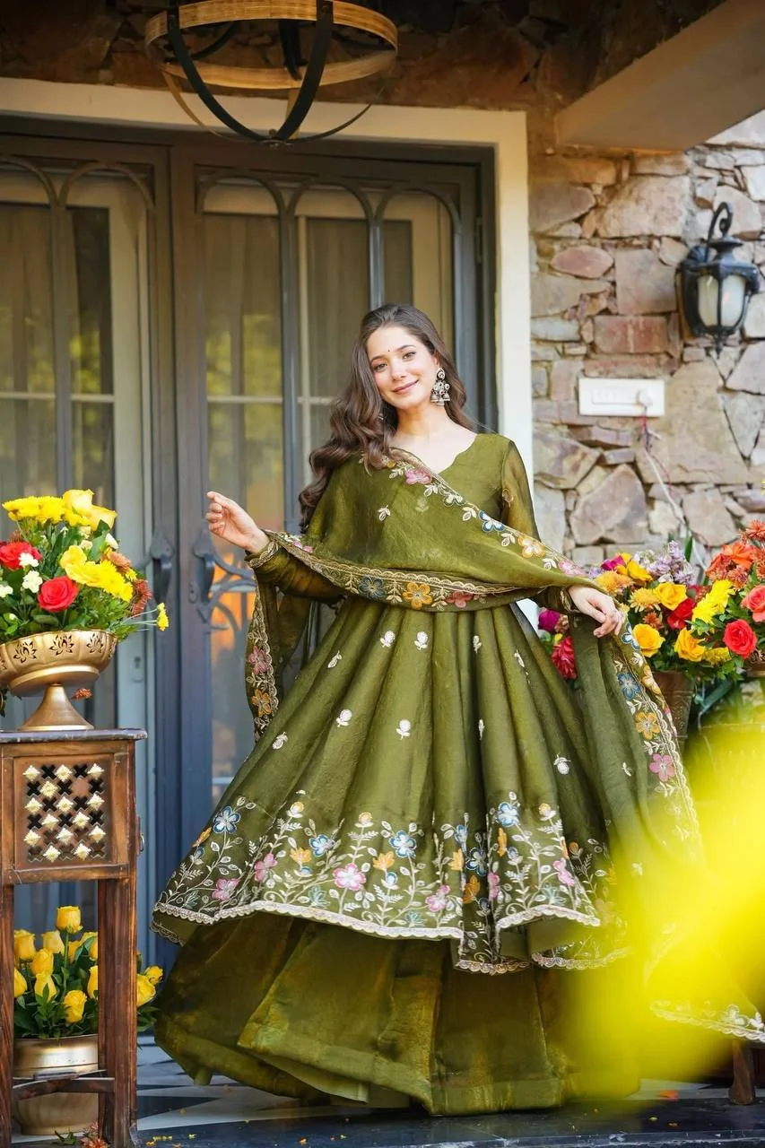 Premium Soft Crunchy Silk Multi-Embroidery & Sequins Work Full Sleeve Anarkali Gown Suit Set with Cotton Lining, Matching Sharara & Dupatta in Olive Green — photo 3 of 7