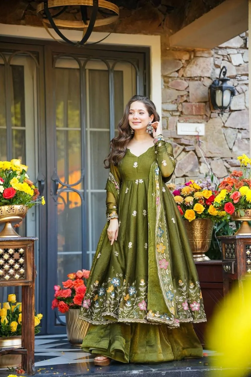 Premium Soft Crunchy Silk Multi-Embroidery & Sequins Work Full Sleeve Anarkali Gown Suit Set with Cotton Lining, Matching Sharara & Dupatta in Olive Green — photo 4 of 7