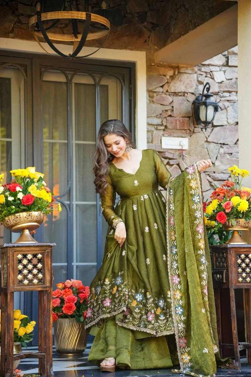 Premium Soft Crunchy Silk Multi-Embroidery & Sequins Work Full Sleeve Anarkali Gown Suit Set with Cotton Lining, Matching Sharara & Dupatta in Olive Green — photo 5 of 7