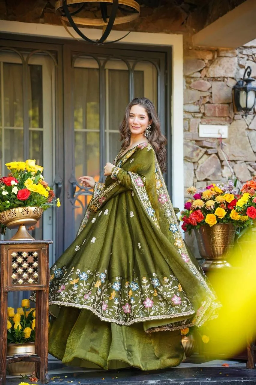 Premium Soft Crunchy Silk Multi-Embroidery & Sequins Work Full Sleeve Anarkali Gown Suit Set with Cotton Lining, Matching Sharara & Dupatta in Olive Green — photo 6 of 7