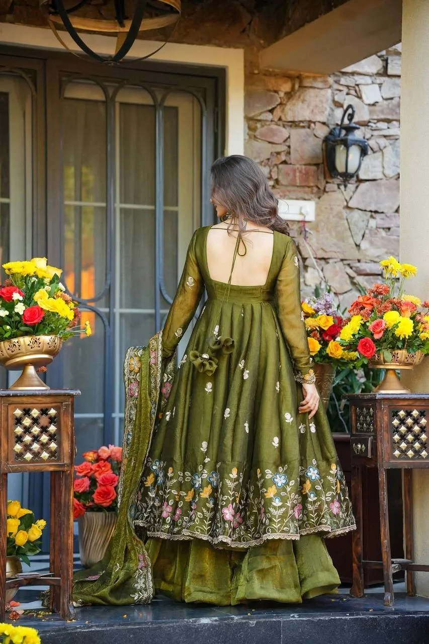 Premium Soft Crunchy Silk Multi-Embroidery & Sequins Work Full Sleeve Anarkali Gown Suit Set with Cotton Lining, Matching Sharara & Dupatta in Olive Green — photo 7 of 7