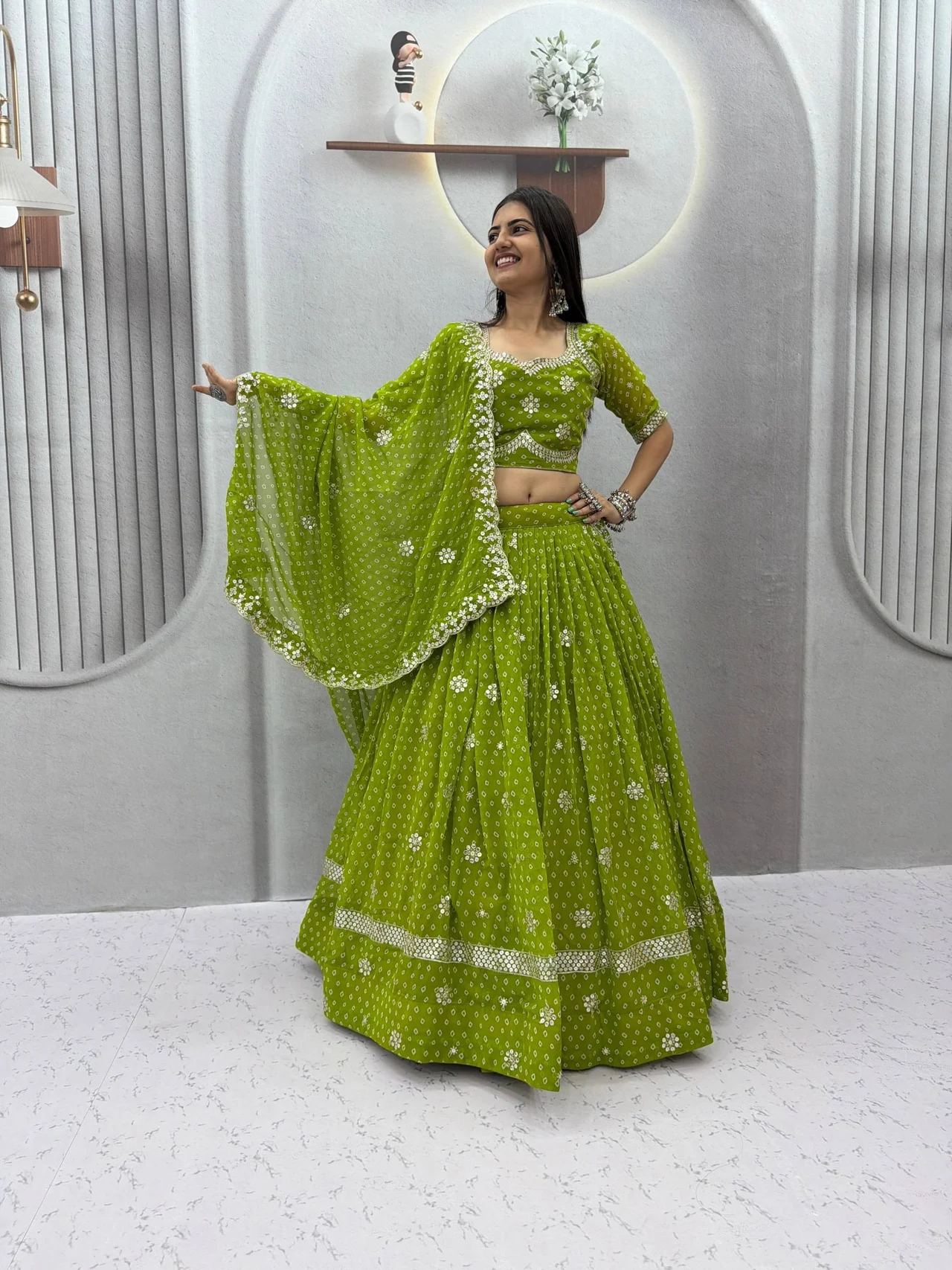 Navratri Special Georgette Lehenga Choli for Women in Parrot Green — photo 2 of 5