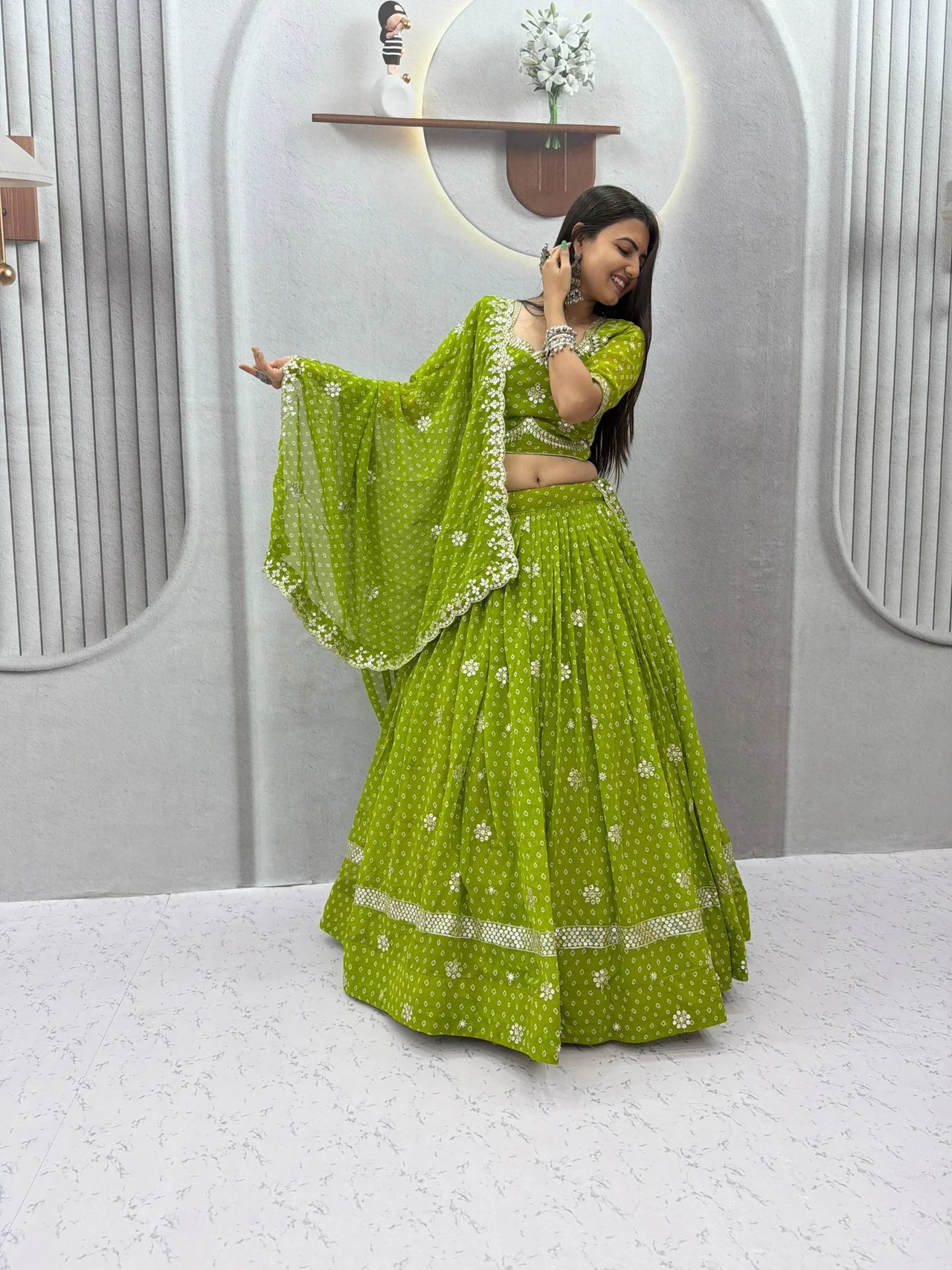 Navratri Special Georgette Lehenga Choli for Women in Parrot Green — photo 3 of 5