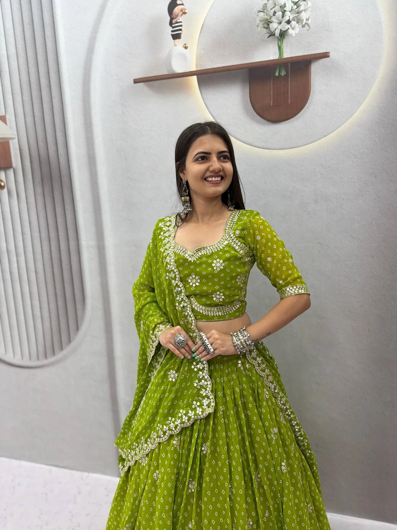 Navratri Special Georgette Lehenga Choli for Women in Parrot Green — photo 4 of 5