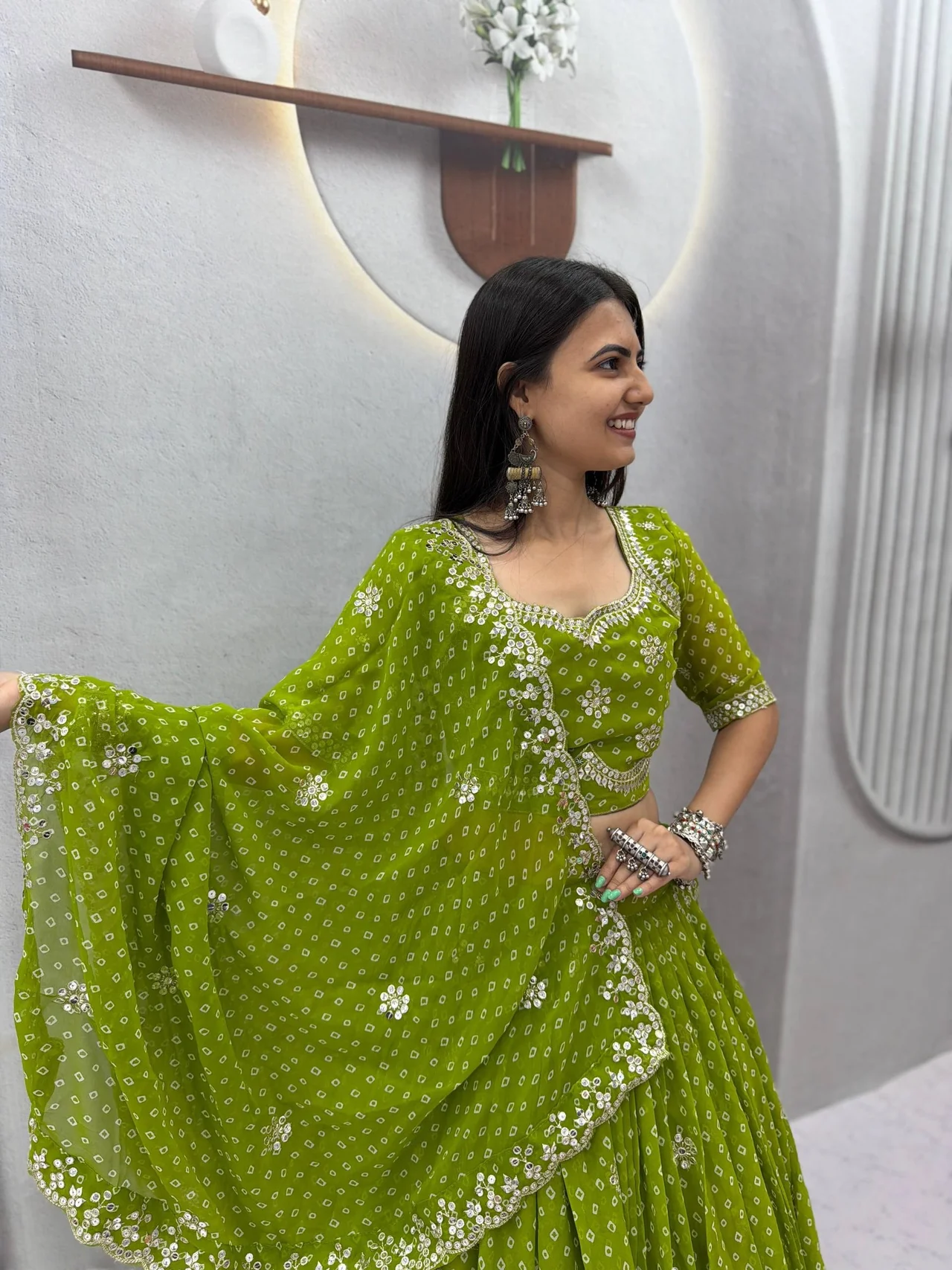 Navratri Special Georgette Lehenga Choli for Women in Parrot Green — photo 5 of 5
