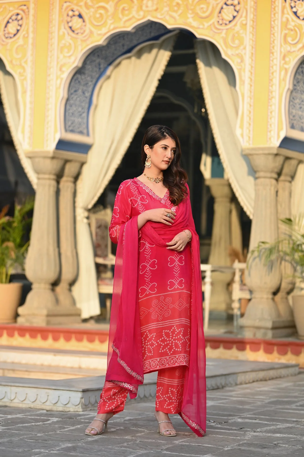 Women's Chinnon Silk Kurta Set with Pant & Dupatta in Rani Pink — photo 2 of 6