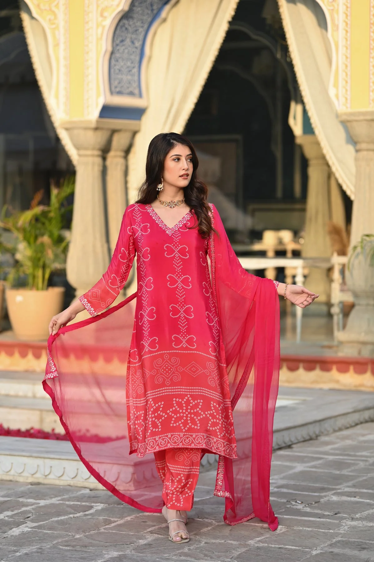 Women's Chinnon Silk Kurta Set with Pant & Dupatta in Rani Pink — photo 3 of 6