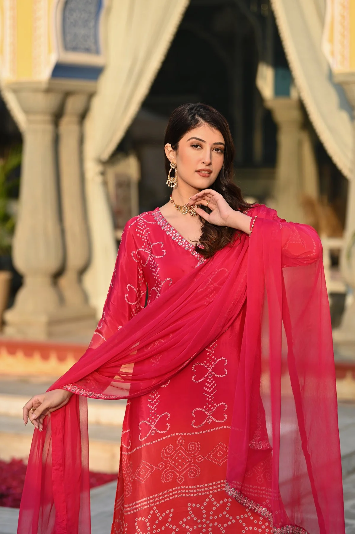 Women's Chinnon Silk Kurta Set with Pant & Dupatta in Rani Pink — photo 4 of 6