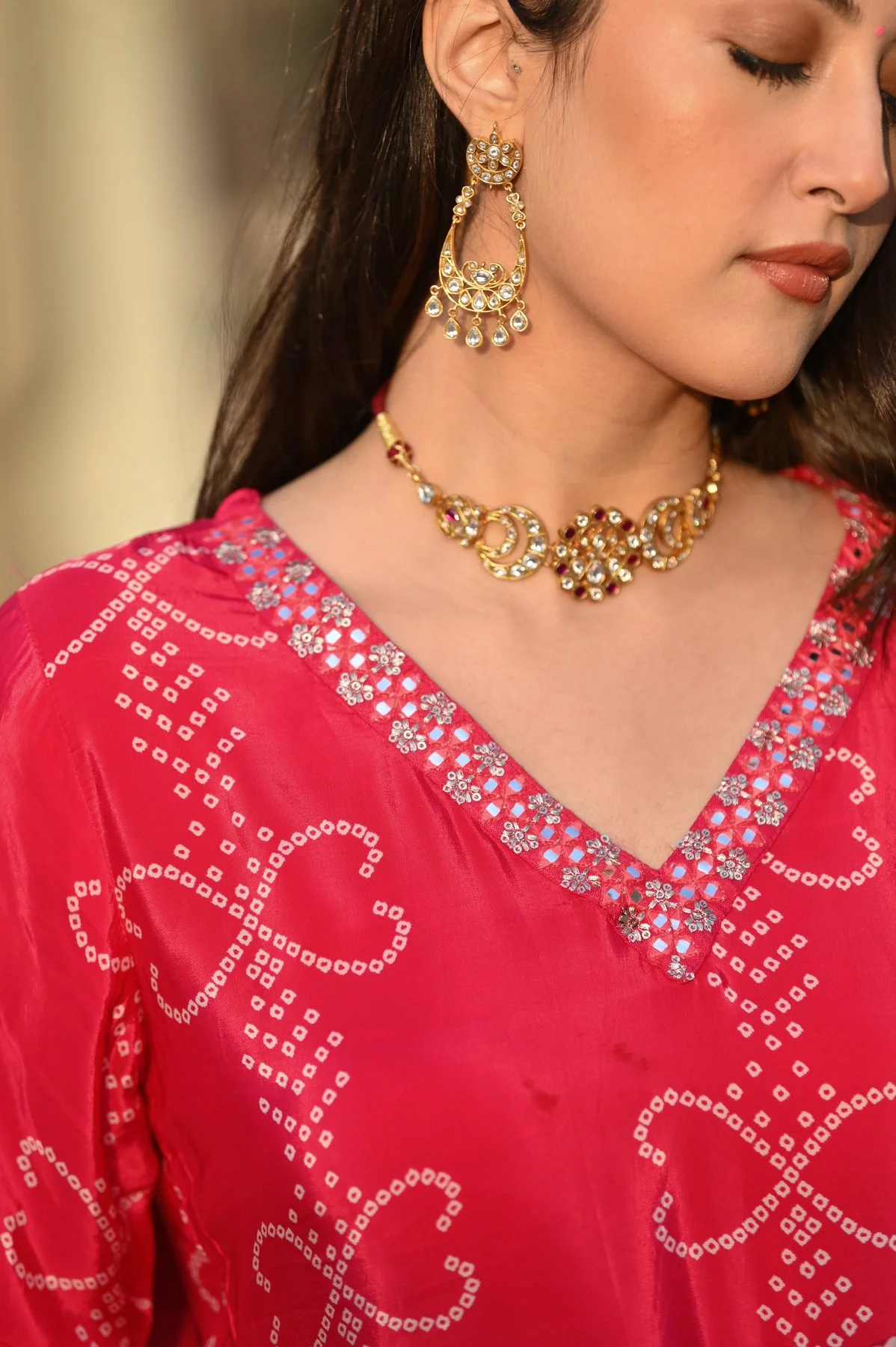 Women's Chinnon Silk Kurta Set with Pant & Dupatta in Rani Pink — photo 5 of 6