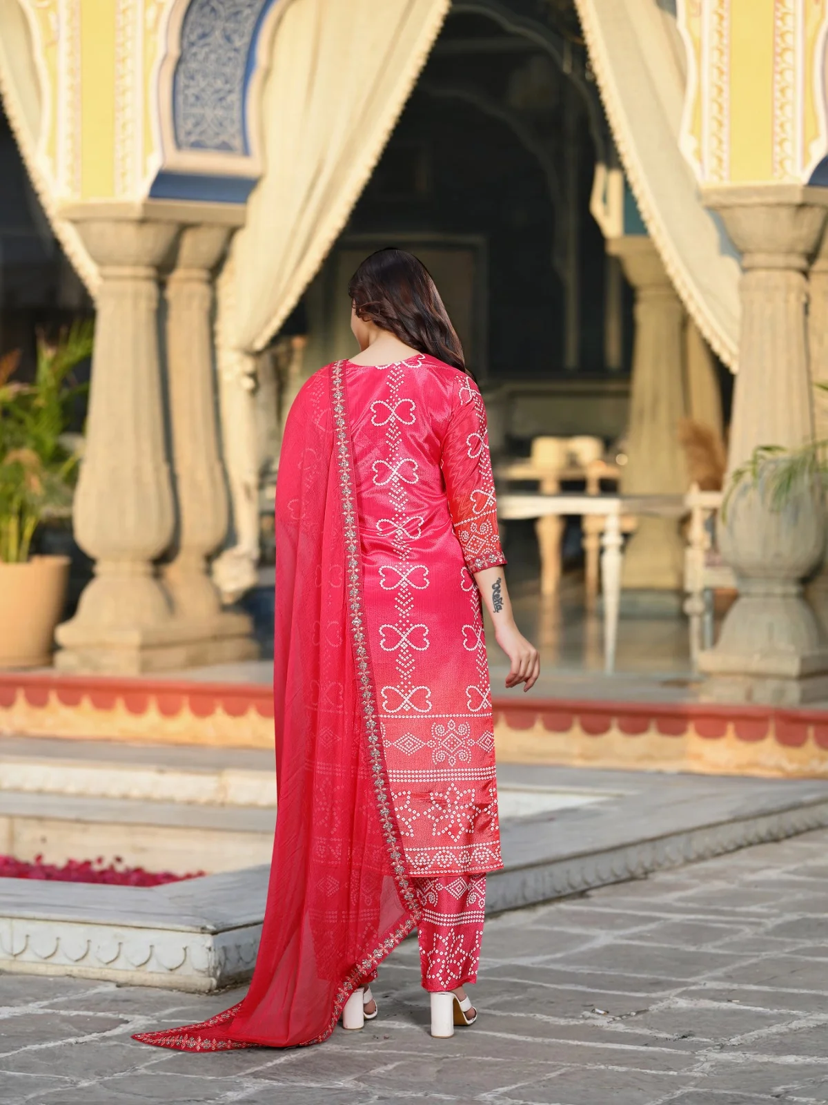 Women's Chinnon Silk Kurta Set with Pant & Dupatta in Rani Pink — photo 6 of 6