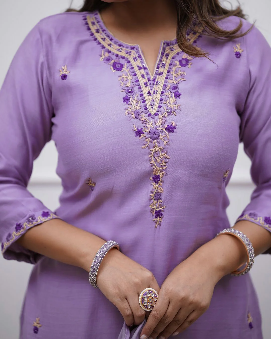 Women's Soft Rayon Slub Kurta Set with Pant & Chanderi Dupatta in Lavender — photo 5 of 7