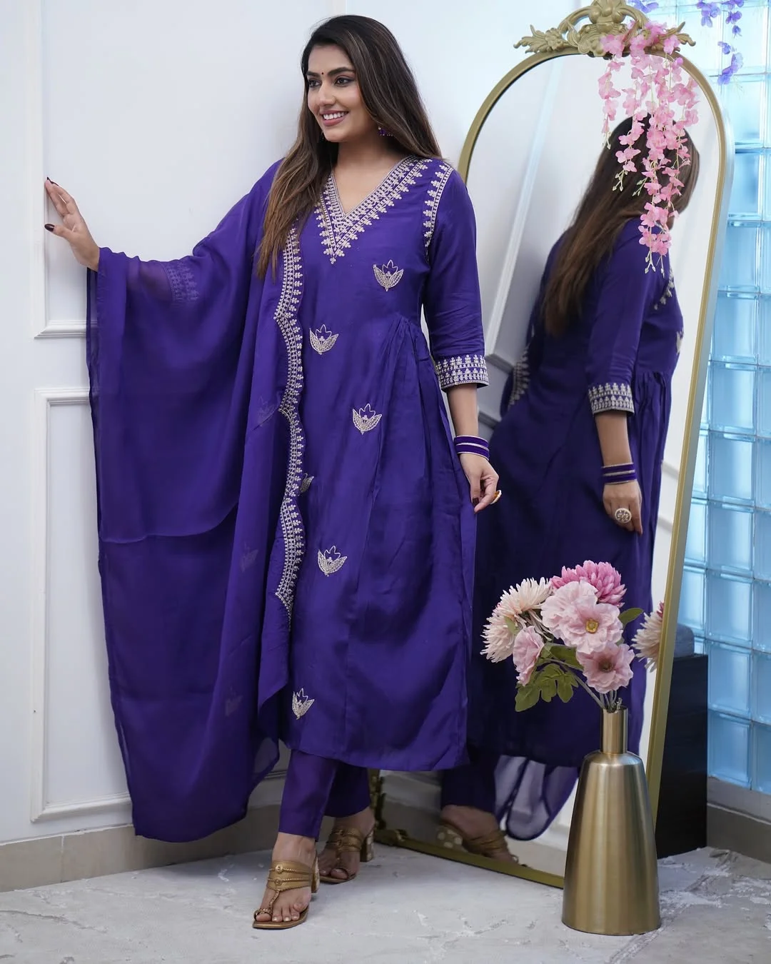 Women's Chanderi Embroidered Kurta Set with Dupatta in Purple — photo 2 of 8