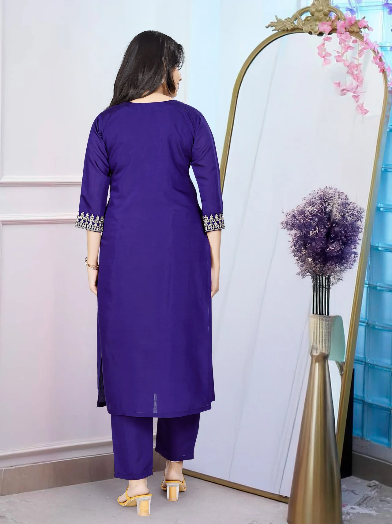 Women's Chanderi Embroidered Kurta Set with Dupatta in Purple — photo 3 of 8