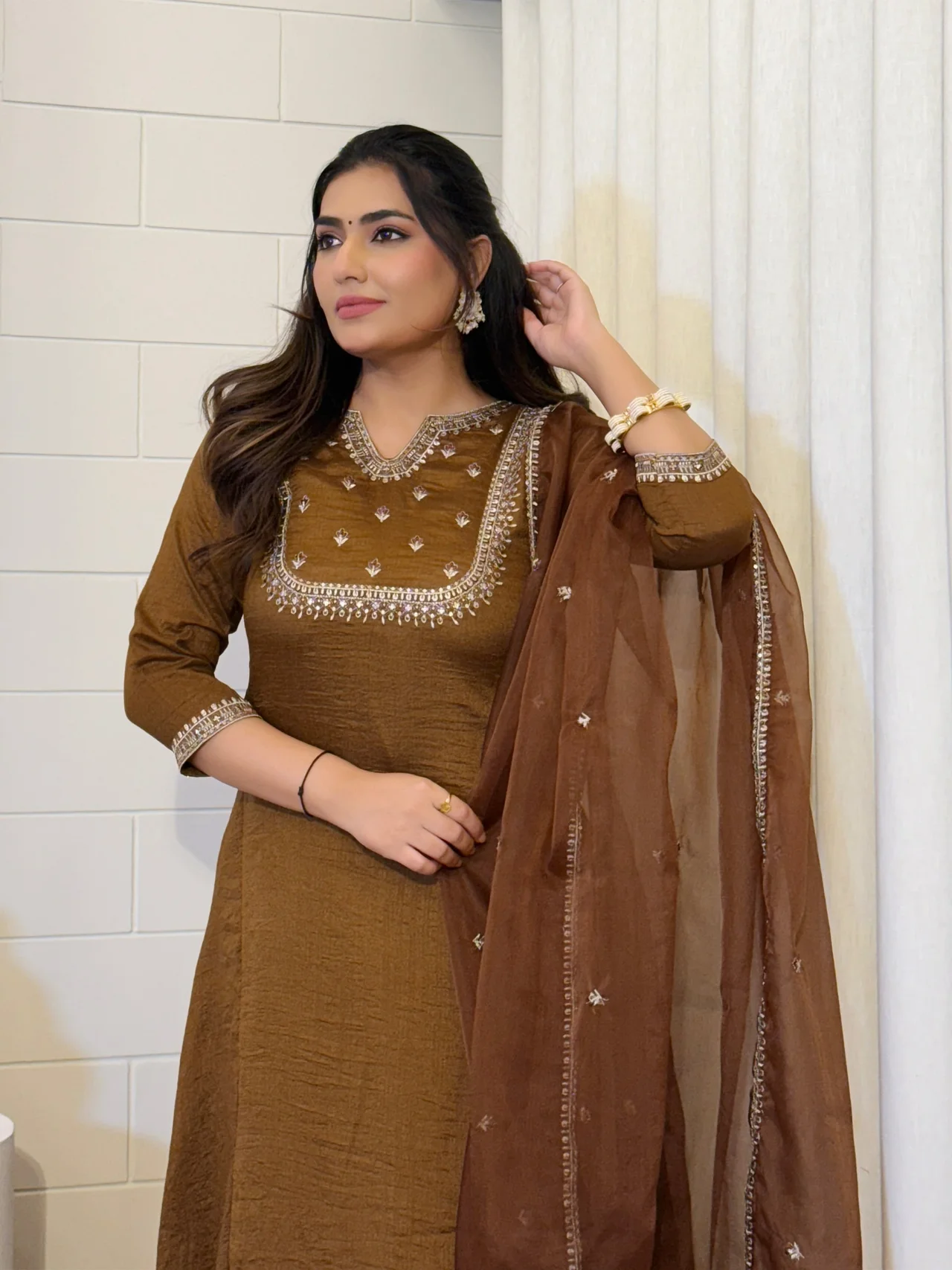 Women's Vichitra Silk Kurta Set with Palazzo & Dupatta in Coffee Brown — photo 2 of 6