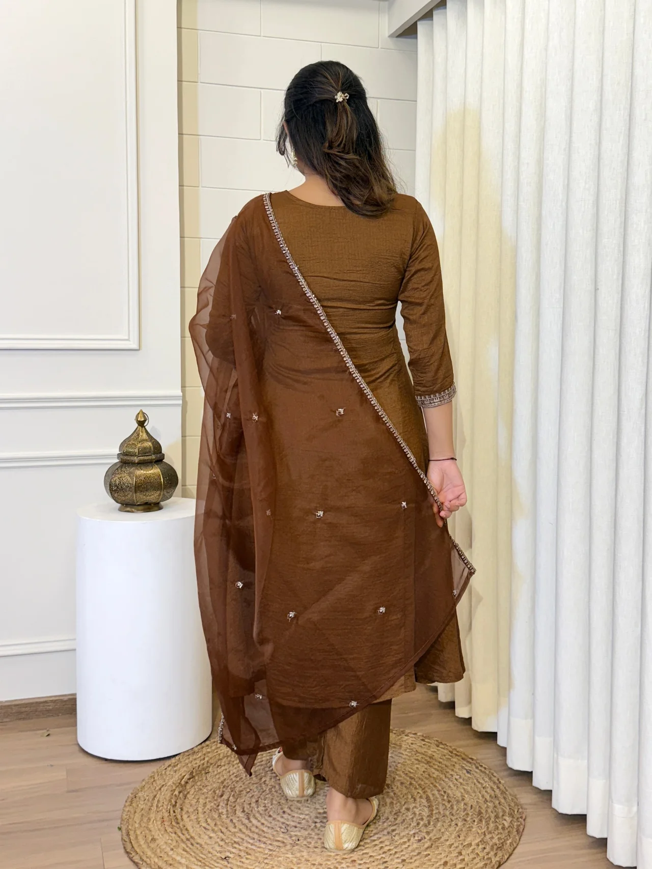Women's Vichitra Silk Kurta Set with Palazzo & Dupatta in Coffee Brown — photo 3 of 6