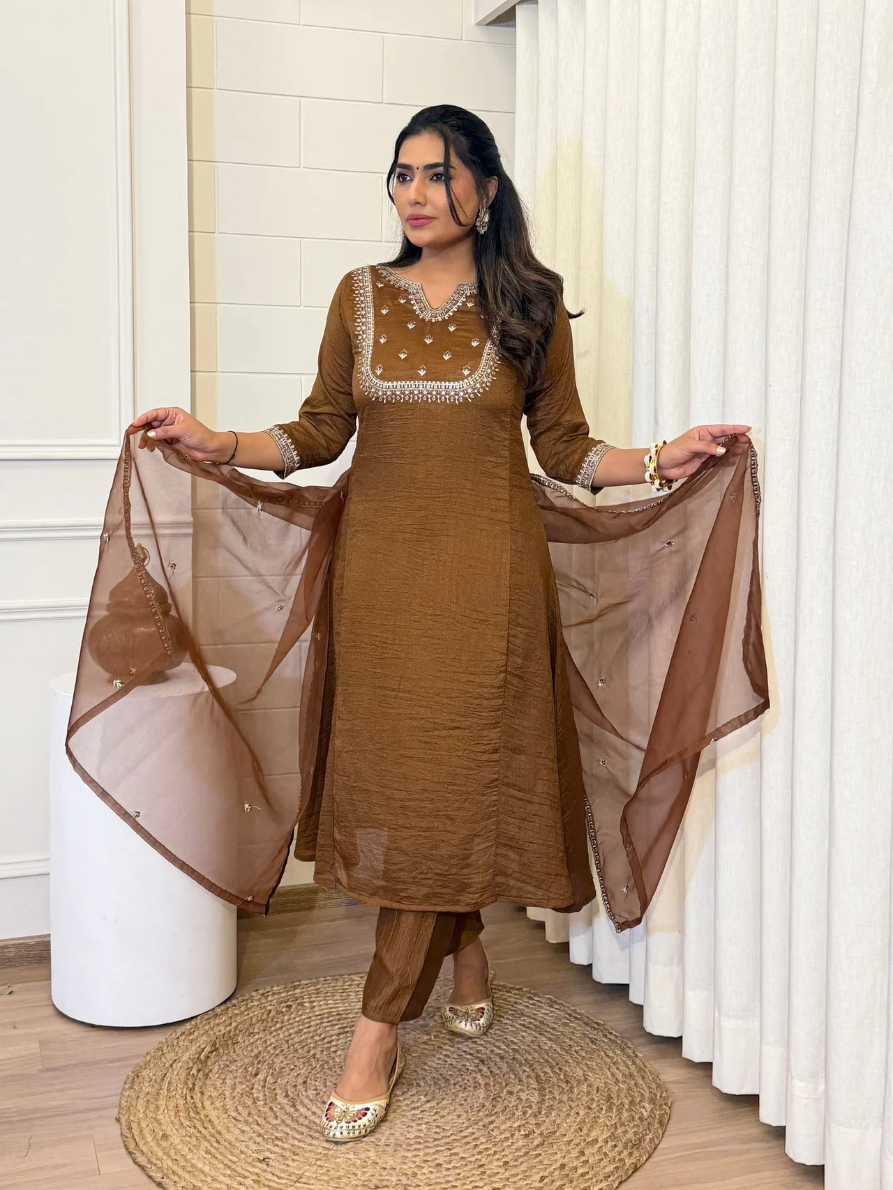 Women's Vichitra Silk Kurta Set with Palazzo & Dupatta in Coffee Brown — photo 4 of 6