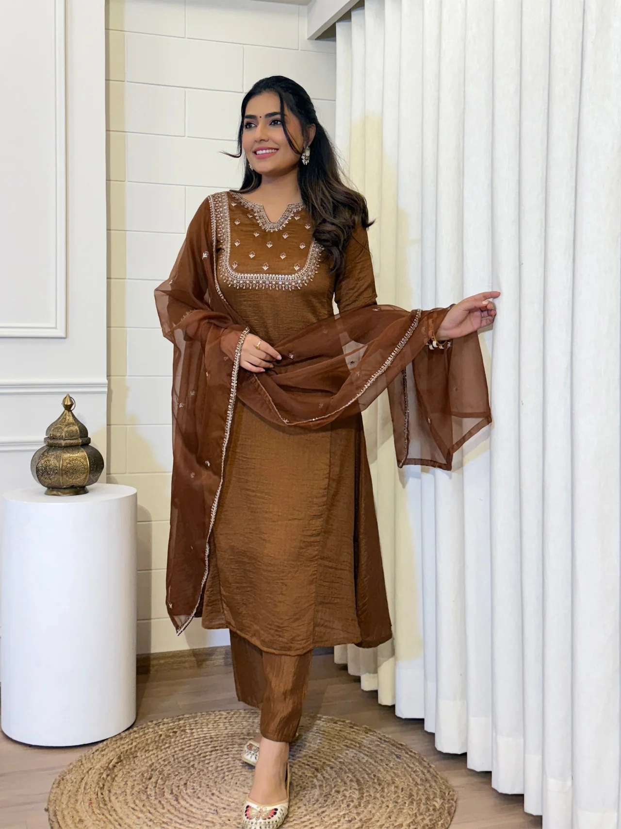 Women's Vichitra Silk Kurta Set with Palazzo & Dupatta in Coffee Brown — photo 5 of 6