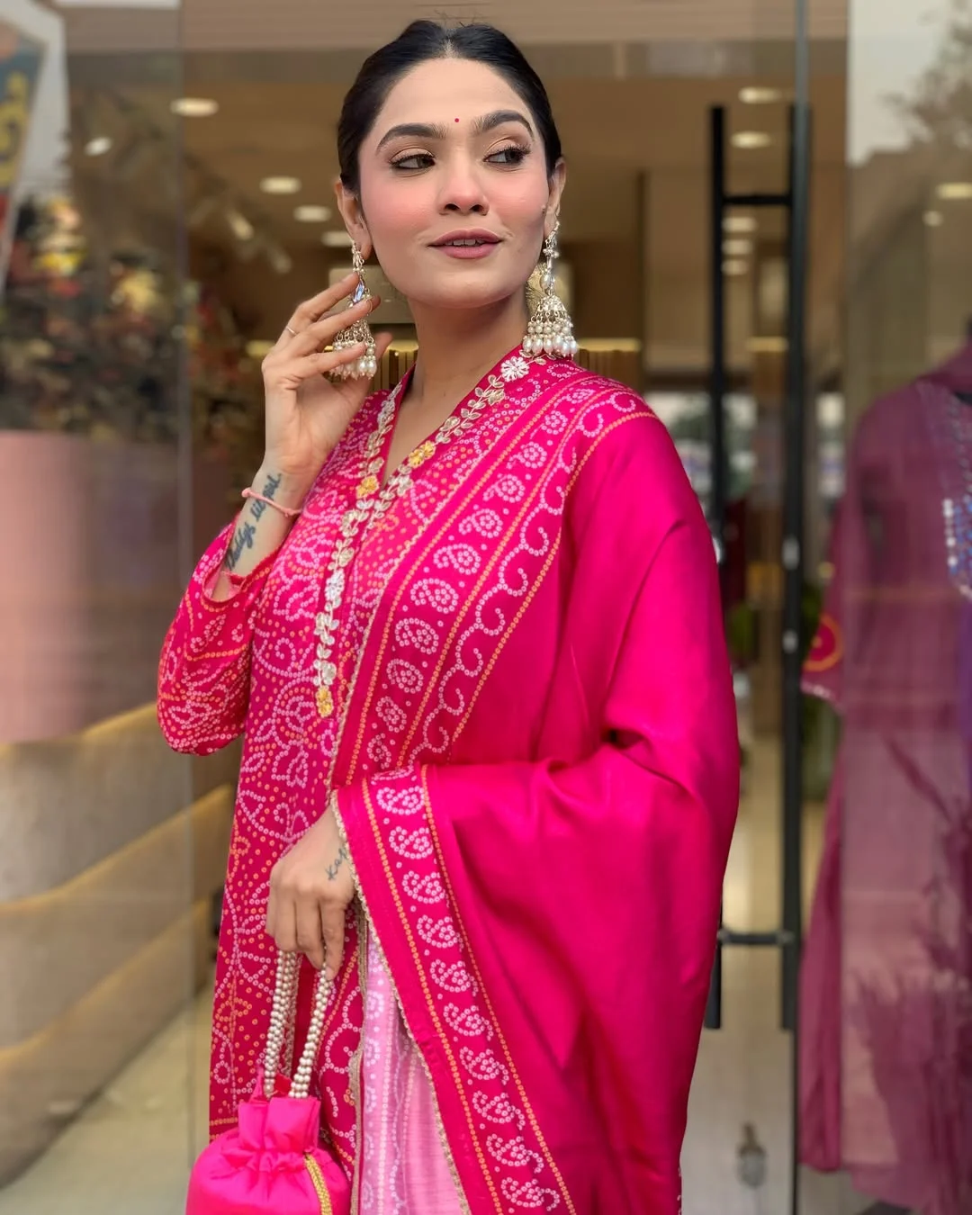 Women's Viscose Silk Kurta Set with Cotton Bottom & Chanderi Dupatta in Rani Pink — photo 3 of 8
