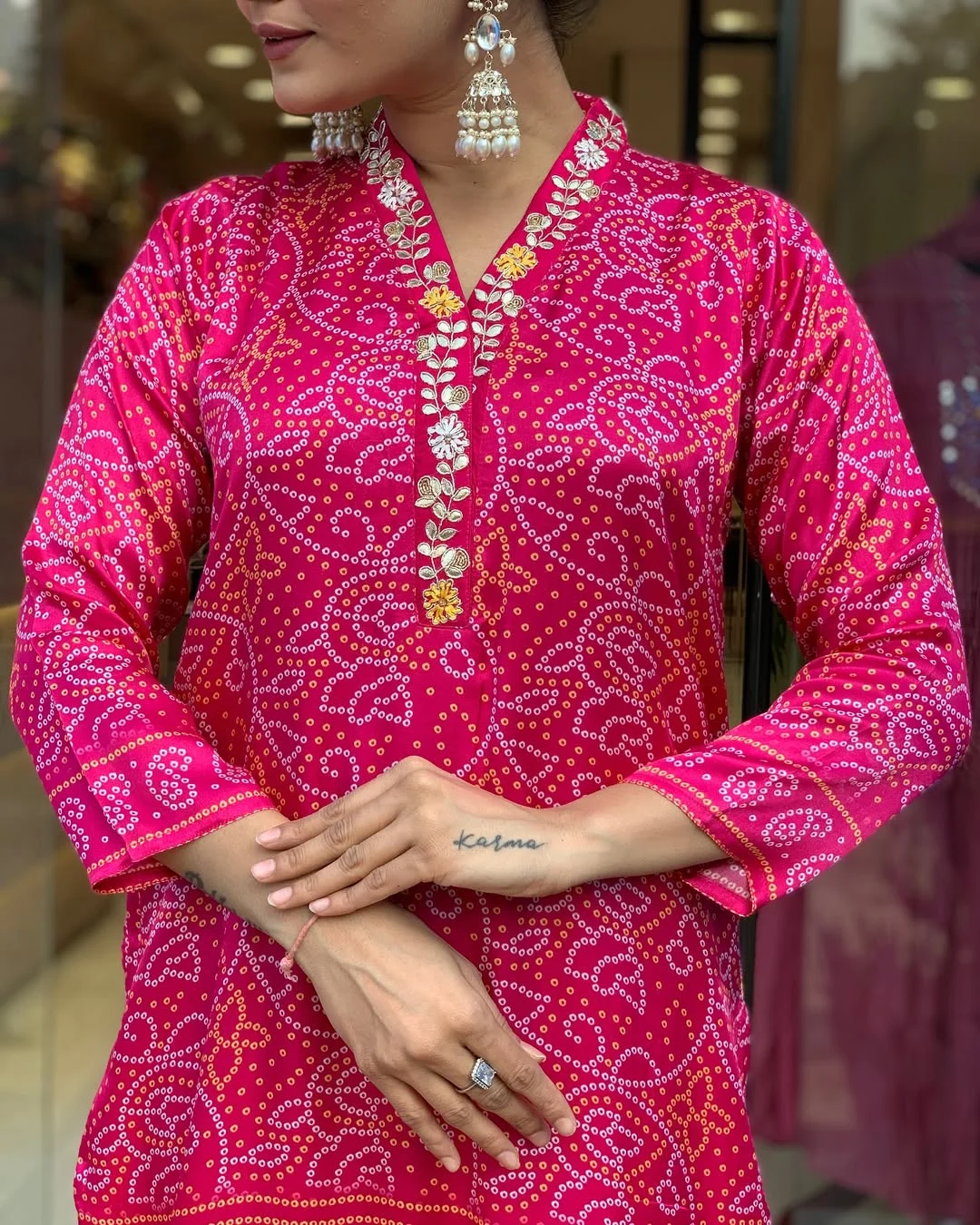 Women's Viscose Silk Kurta Set with Cotton Bottom & Chanderi Dupatta in Rani Pink — photo 4 of 8