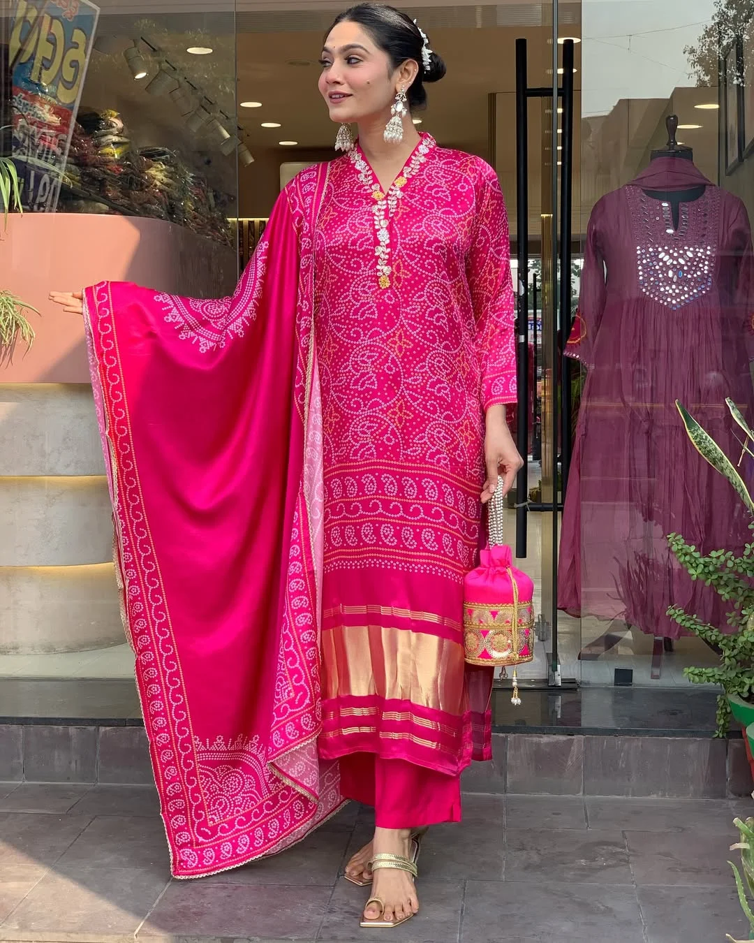 Women's Viscose Silk Kurta Set with Cotton Bottom & Chanderi Dupatta in Rani Pink — photo 6 of 8
