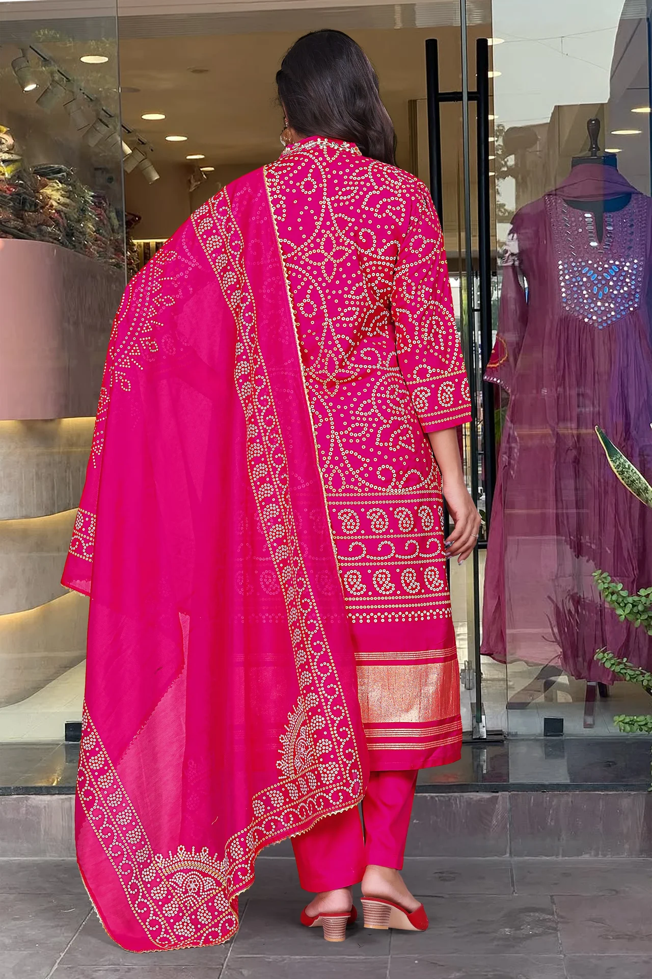 Women's Viscose Silk Kurta Set with Cotton Bottom & Chanderi Dupatta in Rani Pink — photo 8 of 8