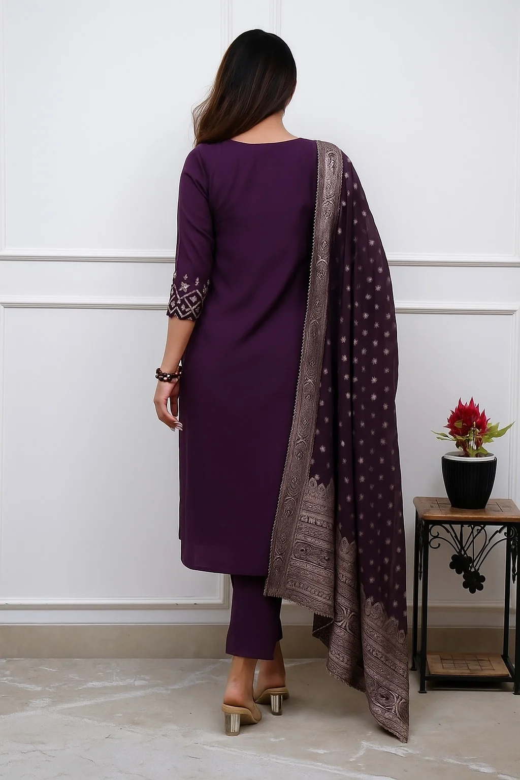 Women's PV Chanderi Kurta Set with Embroidered Top, Pant & Jacquard Dupatta in Wine — photo 2 of 6