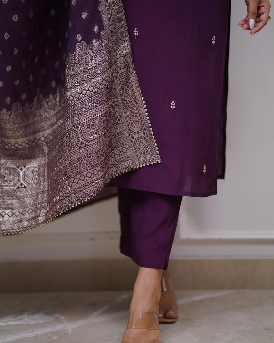 Women's PV Chanderi Kurta Set with Embroidered Top, Pant & Jacquard Dupatta in Wine — photo 3 of 6