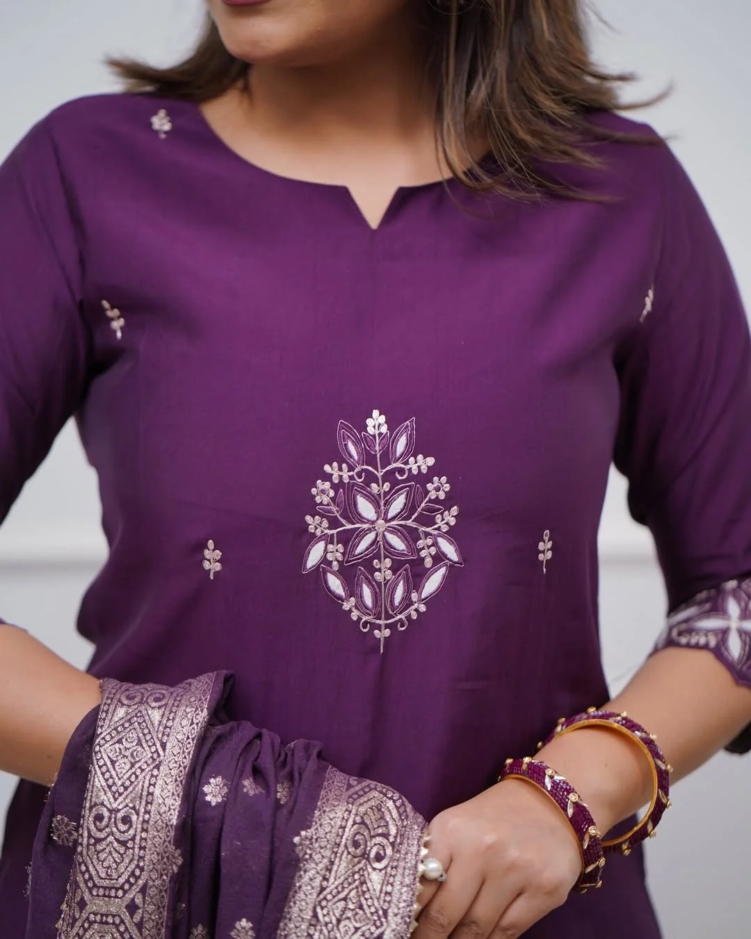 Women's PV Chanderi Kurta Set with Embroidered Top, Pant & Jacquard Dupatta in Wine — photo 4 of 6