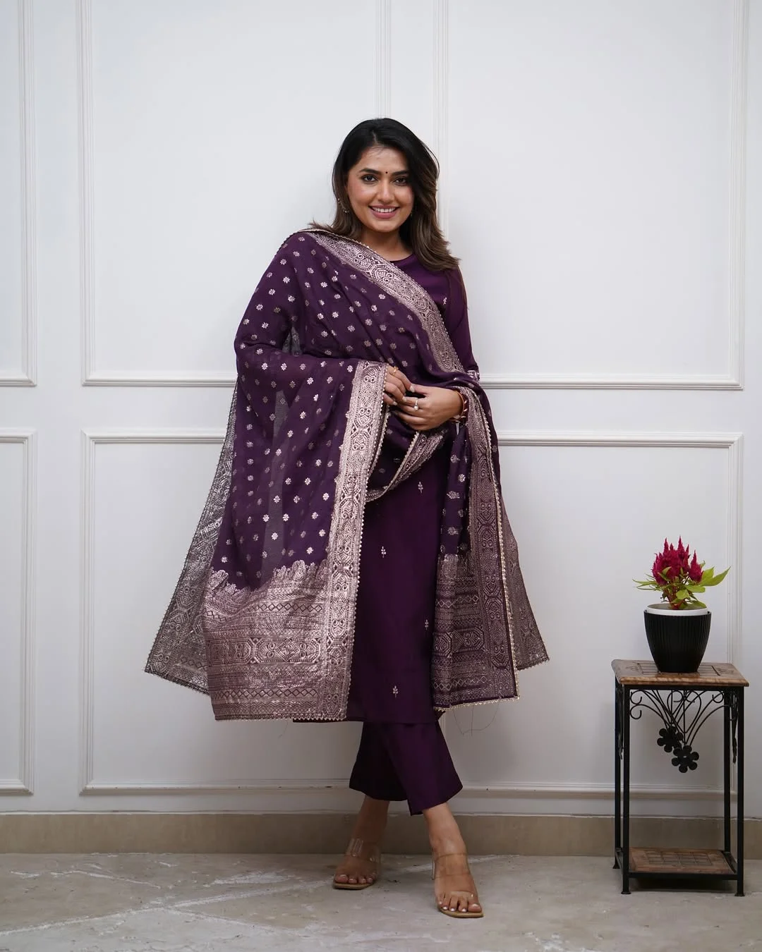 Women's PV Chanderi Kurta Set with Embroidered Top, Pant & Jacquard Dupatta in Wine — photo 5 of 6