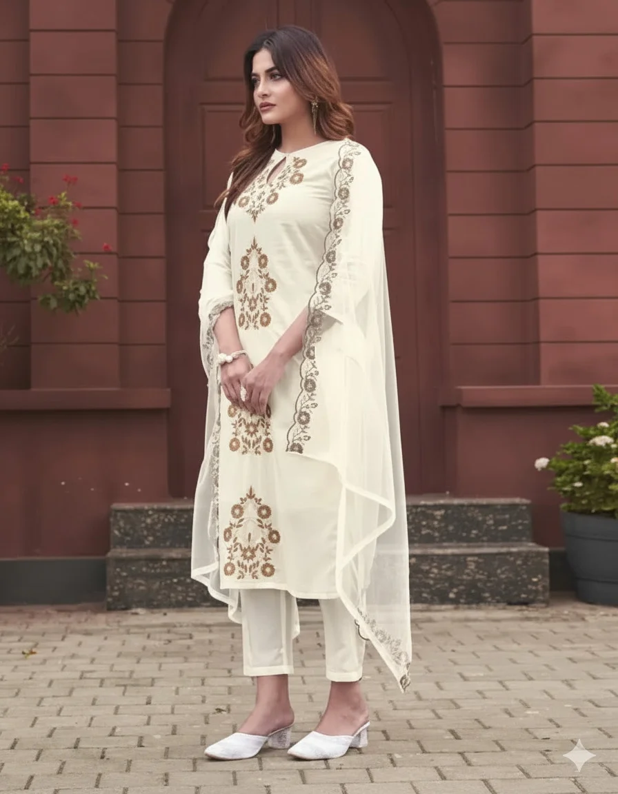 Women's Rayon Slub Kurta Set with Pant and Dupatta in Off White — photo 3 of 6