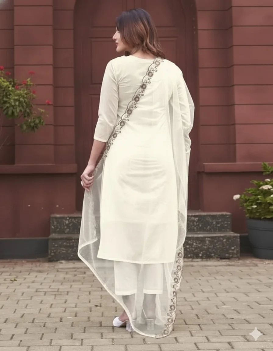 Women's Rayon Slub Kurta Set with Pant and Dupatta in Off White — photo 4 of 6