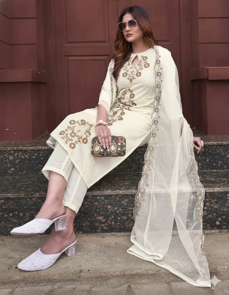 Women's Rayon Slub Kurta Set with Pant and Dupatta in Off White — photo 6 of 6