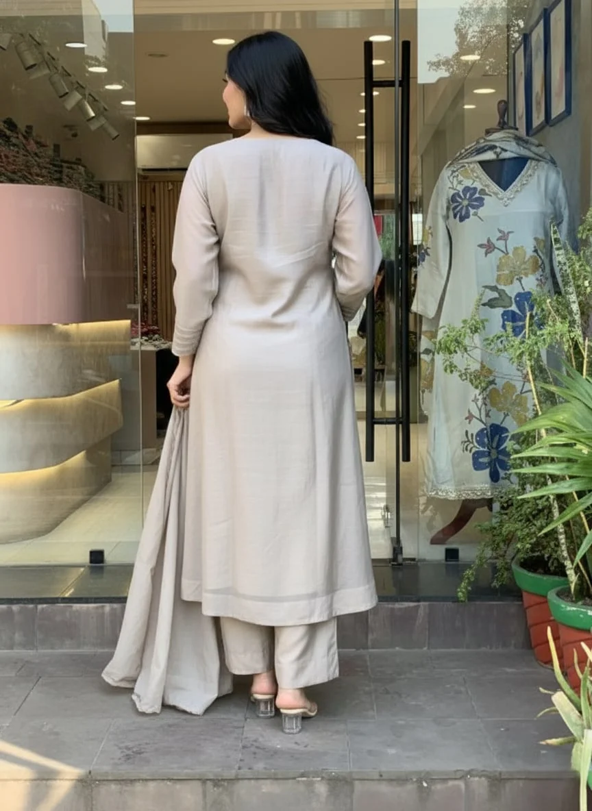 Women's Muslin Cotton Kurta Set with Pant & Dupatta in Cream — photo 4 of 7
