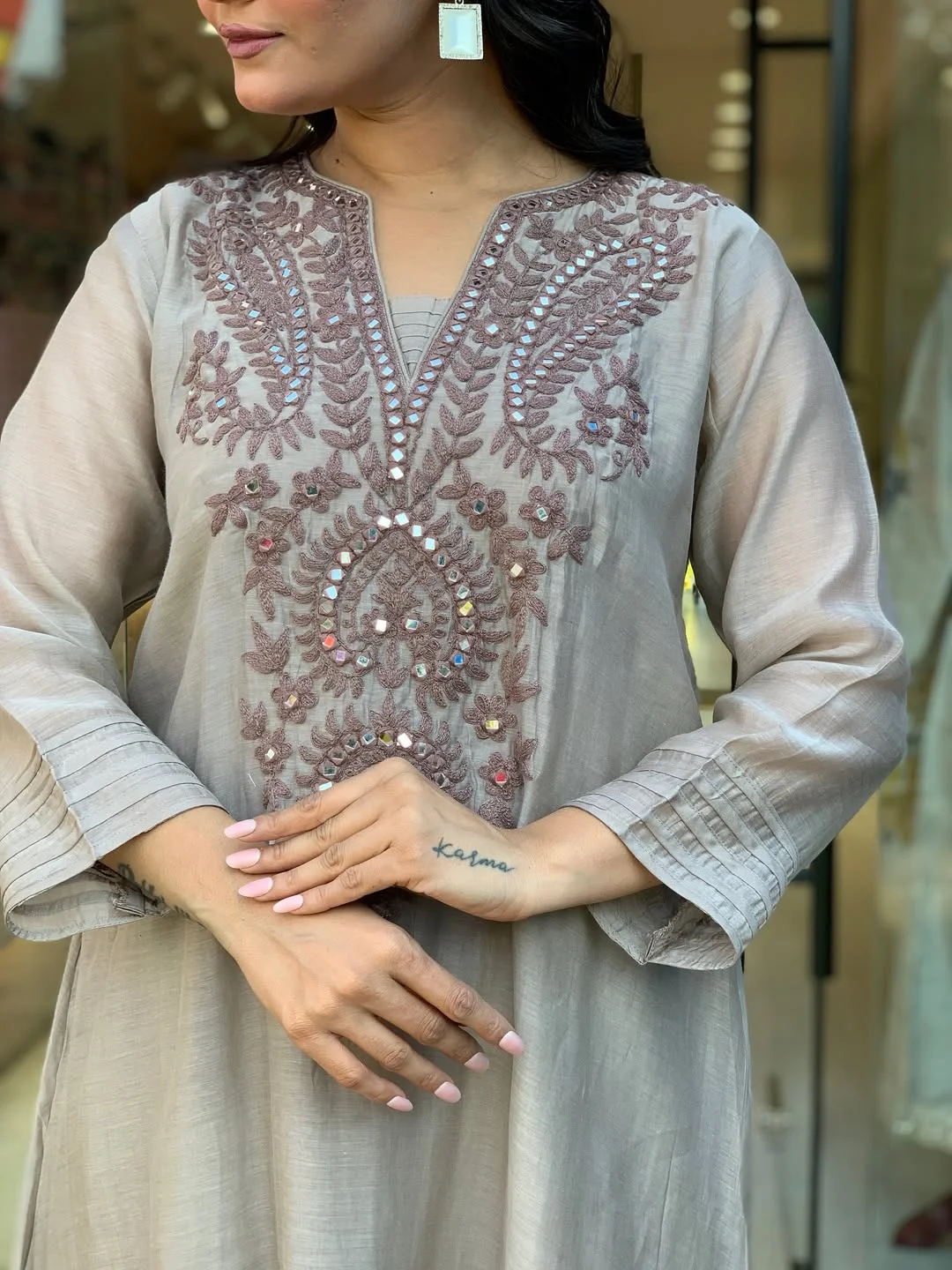 Women's Muslin Cotton Kurta Set with Pant & Dupatta in Cream — photo 7 of 7