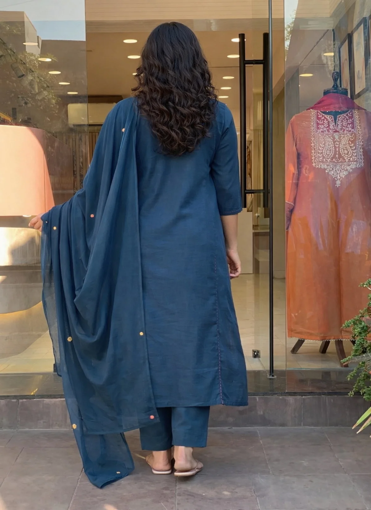 Women's Rayon Slub Embroidered Kurta Set with Pant & Dupatta in Teal — photo 2 of 7