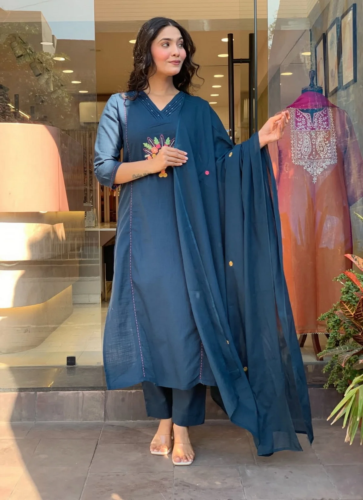 Women's Rayon Slub Embroidered Kurta Set with Pant & Dupatta in Teal — photo 3 of 7