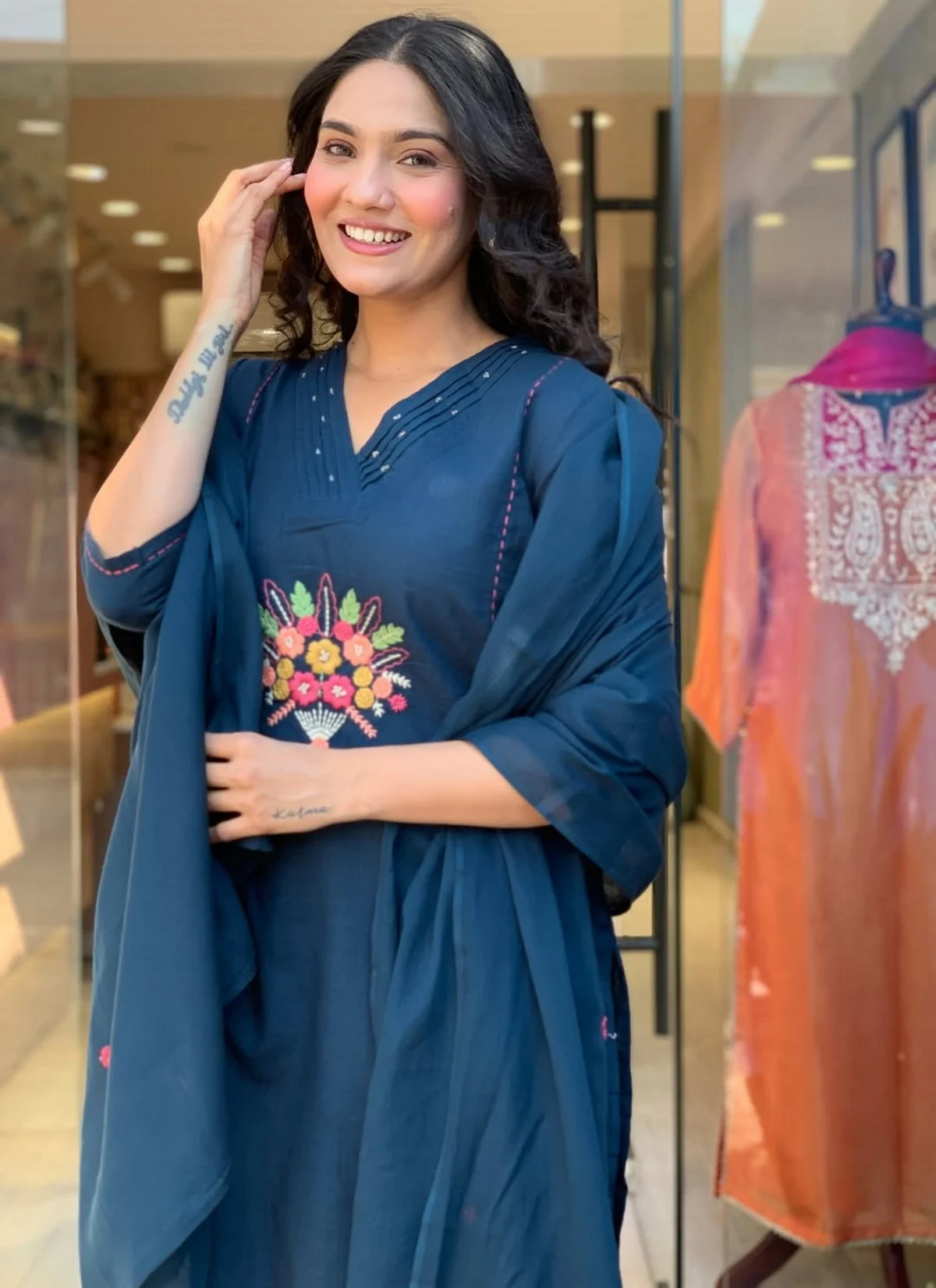 Women's Rayon Slub Embroidered Kurta Set with Pant & Dupatta in Teal — photo 4 of 7