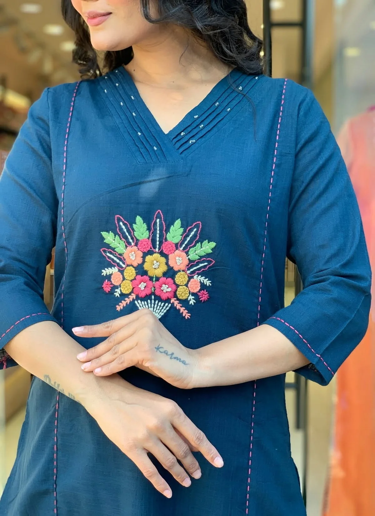 Women's Rayon Slub Embroidered Kurta Set with Pant & Dupatta in Teal — photo 5 of 7