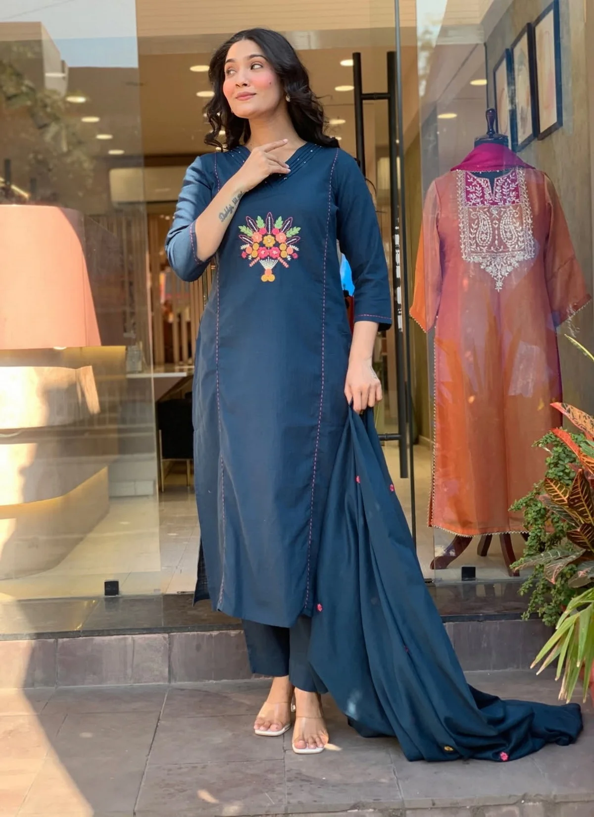 Women's Rayon Slub Embroidered Kurta Set with Pant & Dupatta in Teal — photo 6 of 7